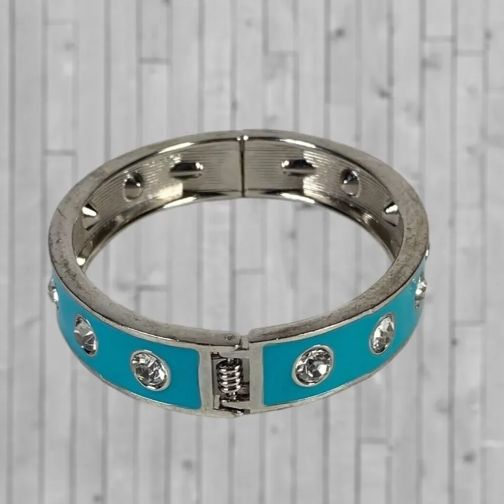 Vintage Enamel Rhinestone Studded Bracelet Turquoise Blue Hinged Bangle Clamper